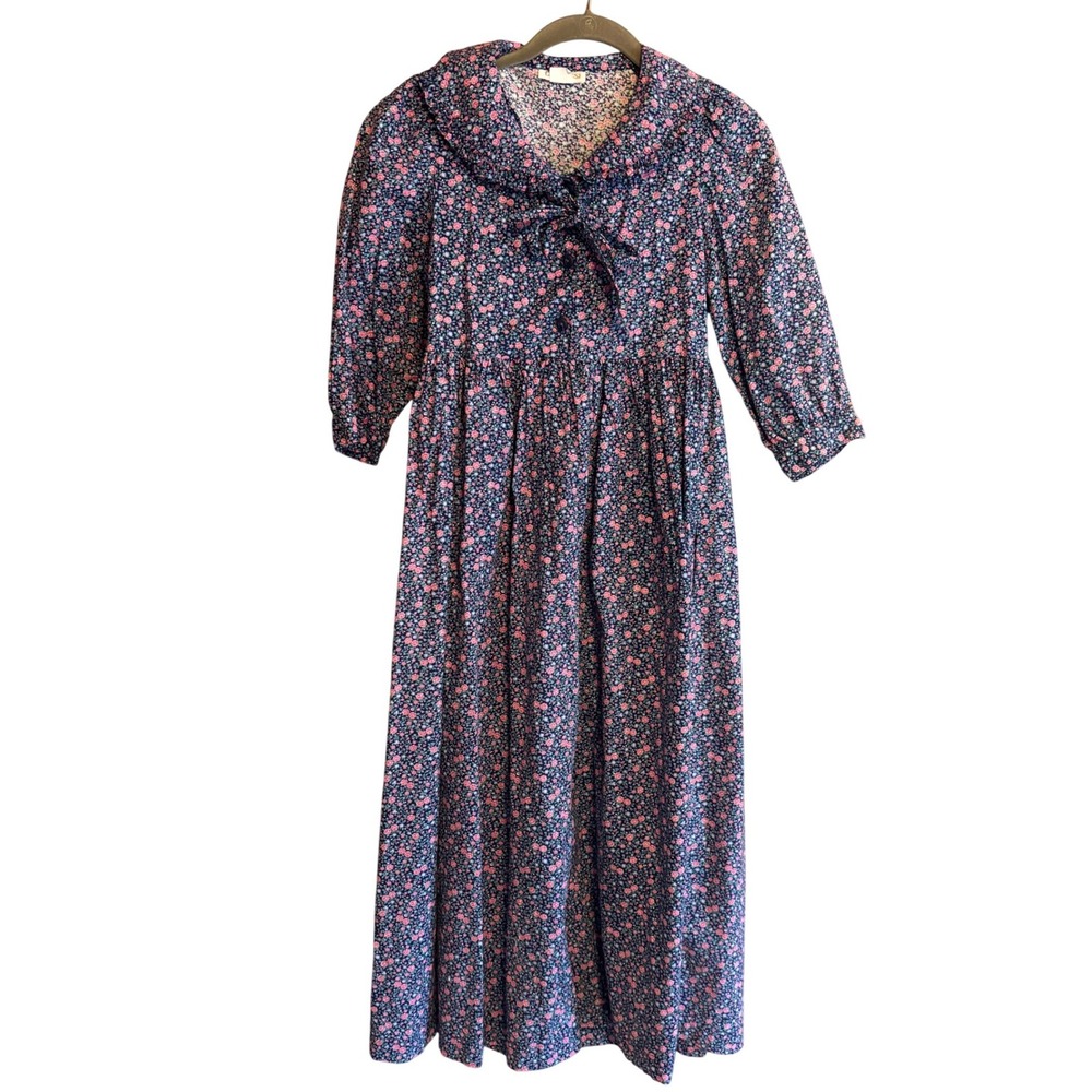 Vintage Dei Rossi Floral Maxi Dress Navy Pink Cotton Prairie Cottagecore Size 5